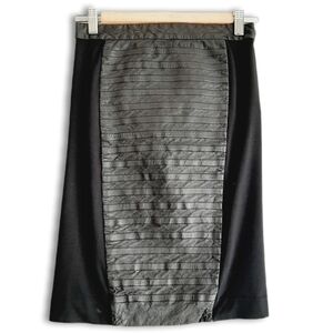MUUBAA Lamb Leather & Fabric Panel Combo Pencil Knee Length Skirt Black Sz XS